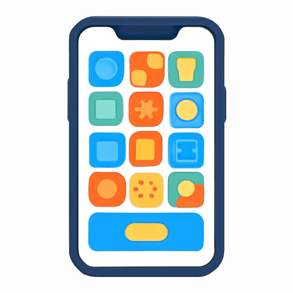 Smartphone shown from the front displaying a colourful flat layout of abstract game icons and rounded tiles (no text, no letters, no labels), 91 Game
