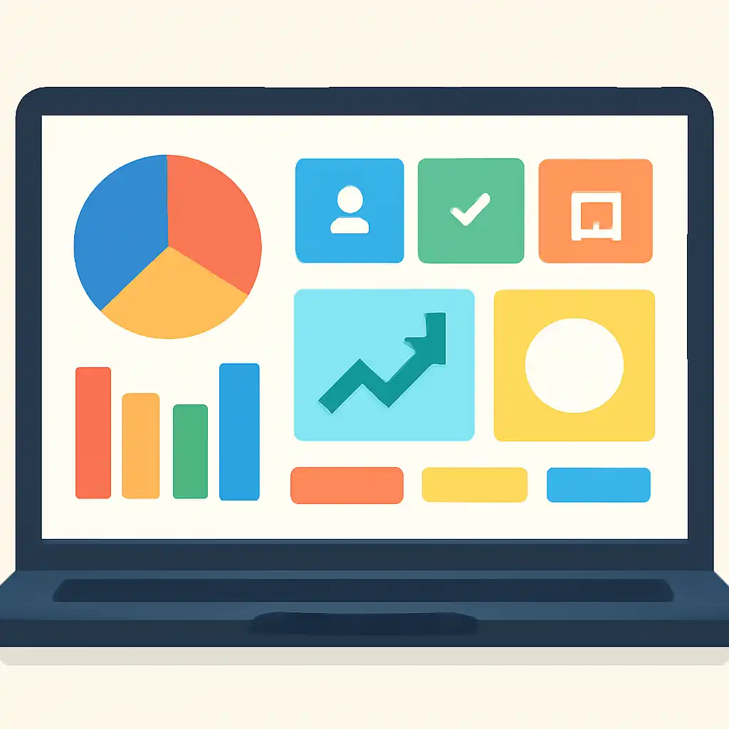 Laptop shown from the front displaying a colourful flat dashboard of abstract charts, bars and icon tiles (no text, no letters, no labels), 91 Game