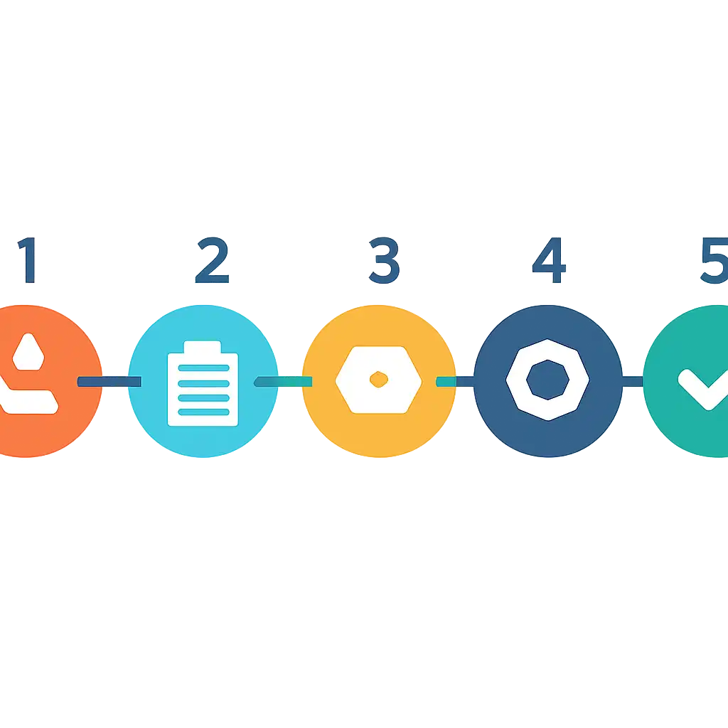 Five numbered circular icons connected by arrows in a horizontal flow, flat illustration, icons only, no words, 91 Game steps